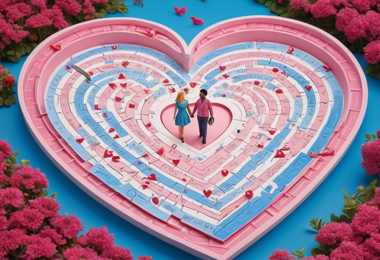 A whimsical scene depicting a couple navigating a heart-shaped maze made of insurance documents and policies, with symbols of love like hearts and flowers integrated into the design. The couple, diverse in ethnicity, appears to be smiling and holding hands while looking at a map with guidance symbols like arrows and dollar signs. The background features vibrant colors of pink and blue, symbolizing love and security. super-realistic. vibrant colors. cartoonish style.
