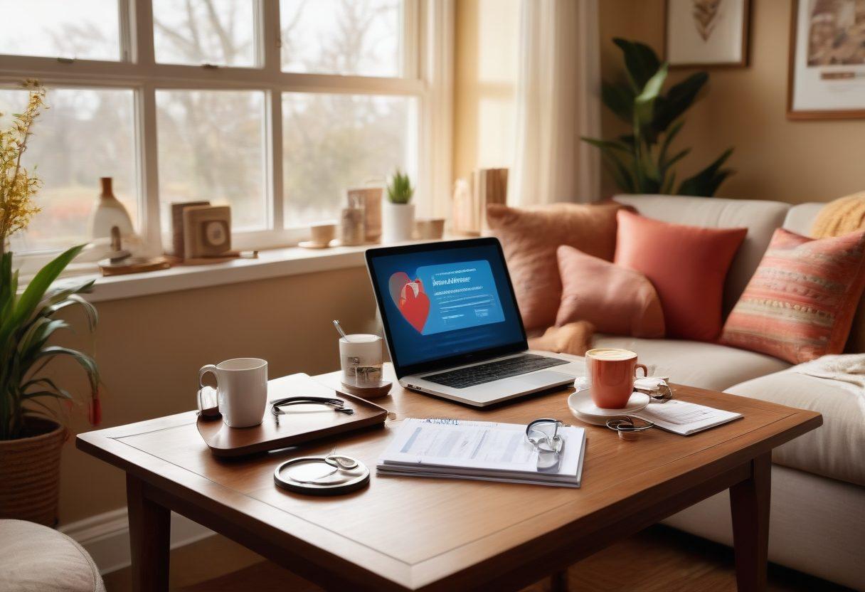 A cozy living room scene showcasing a couple discussing insurance options, surrounded by health and home-themed decor—like a stethoscope, home insurance documents, and a heart symbol. Soft natural light filters through a window, creating a warm atmosphere that symbolizes support and connection. A coffee table with cups and a laptop open with insurance info to emphasize their discussion. super-realistic. vibrant colors. warm tones.